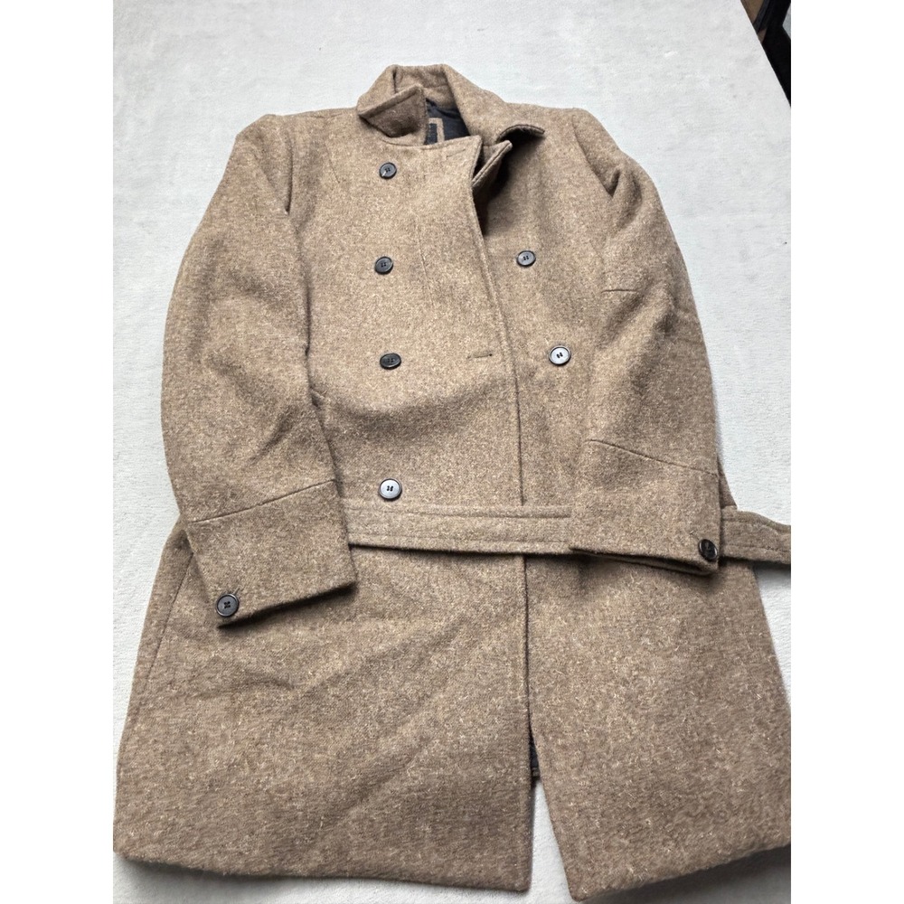 AllSaints Spitalfields Brown Wool Pea Coat Double Breasted Belted Size 38